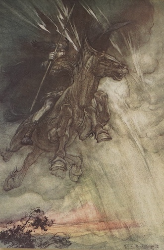 Wagner, Richard - The Ring of the Niblung. 2 vols. (The Rhinegold and The Valkyrie; Siegfried and the Twilight of the Gods). With illustrations by Arthur Rackham. Translated by Margaret Armour. pictorial titles, 64 colou